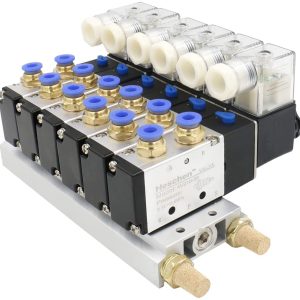 Heschen 6 Space Pneumatic Solenoid Valve 4V210-08 DC12V/DC24V/AC110V/AC220V PT1/4 5 Way 2 Position Manifold Base Muffler Quick Fittings Set