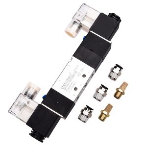 Heschen Electrical Pneumatic Solenoid Valve 4V230C-08, 12V/24V/110V220V PT1/4 5 Way 3 Position Double Coil Pilot-Operated Electric Closed Type CE with Fittings and Muffler