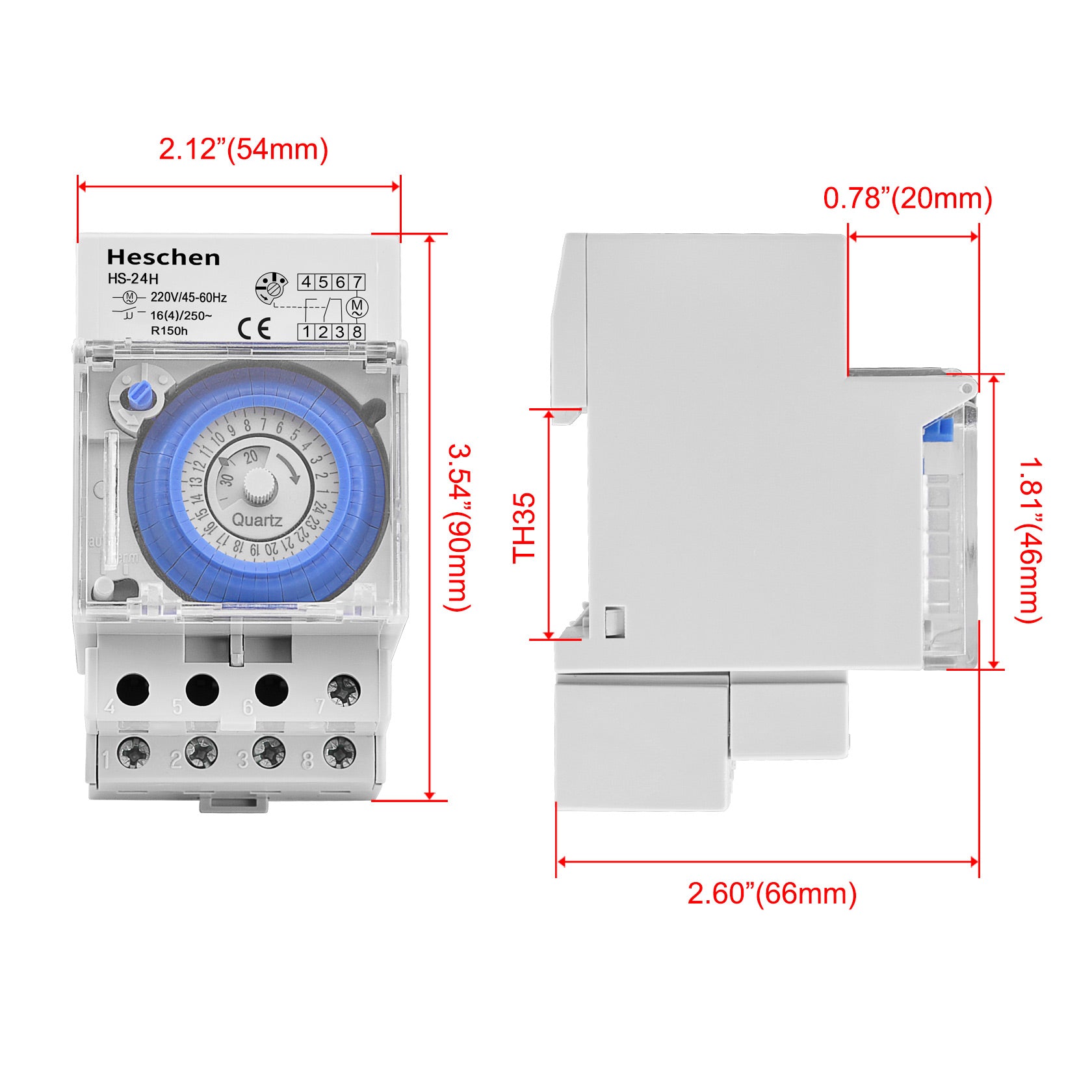 Timer Switch HS-24H 230 VAC 45-60Hz 24 Hour 35mm DIN Rail - Image 3